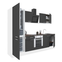 Yorki 270 konyhabútor fehér korpusz,selyemfényű antracit front alsó sütős elemmel alulfagyasztós hűtős szekrénnyel