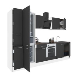 Yorki 300 konyhabútor fehér korpusz,selyemfényű antracit front alsó sütős elemmel alulfagyasztós hűtős szekrénnyel