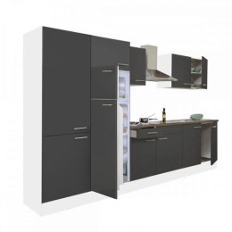 Yorki 330 konyhabútor fehér korpusz,selyemfényű antracit fronttal polcos szekrénnyel és felülfagyasztós hűtős szekrénnyel