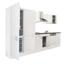 Yorki 340 konyhabútor fehér korpusz,selyemfényű fehér fronttal polcos szekrénnyel és alulfagyasztós hűtős szekrénnyel