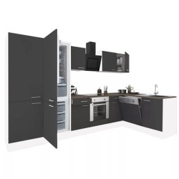 Yorki 340 sarok konyhabútor fehér korpusz,selyemfényű antracit front alsó sütős elemmel polcos szekrénnyel, alulfagyasztós hűtős szekrénnyel