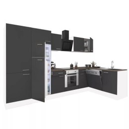 Yorki 340 sarok konyhabútor fehér korpusz,selyemfényű antracit front alsó sütős elemmel polcos szekrénnyel, felülfagyasztós hűtős szekrénnyel