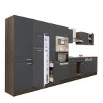 Yorki 430 konyhabútor yorki tölgy korpusz,selyemfényű antracit fronttal felülfagyasztós hűtős szekrénnyel