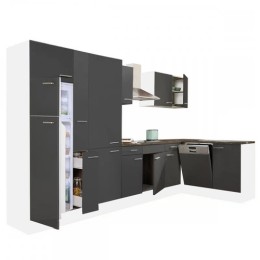 Yorki 370 sarok konyhabútor fehér korpusz,selyemfényű antracit fronttal polcos szekrénnyel és felülfagyasztós hűtős szekrénnyel