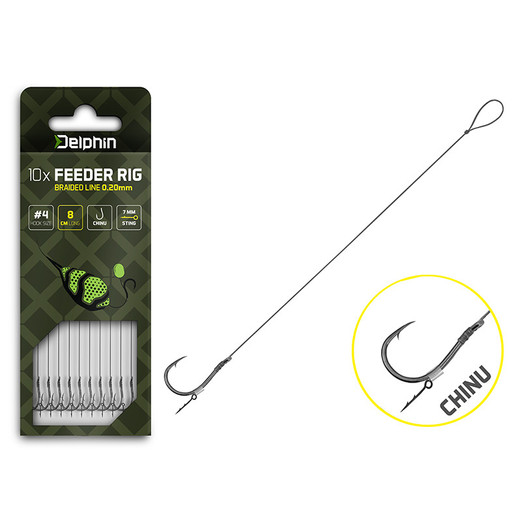 Delphin Braided Sting Feeder Rig 8cm-0,20mm Chinu #4 10db, fonott zsinóros előkötött szakállas horog