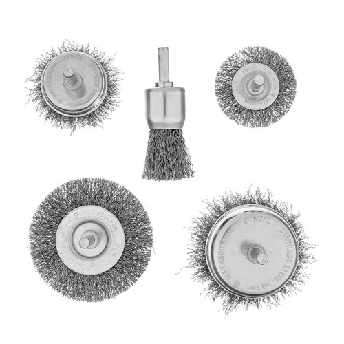 DENZEL 5db-os INOX drótkorong készlet fúróba, kreppelt, kefekorong+csésze+lapos, 0,3 mm szálvastagság
