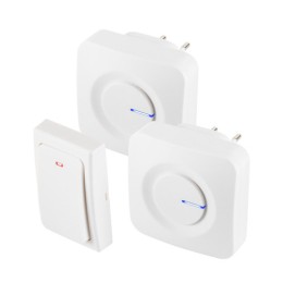 HOME DBKS1001AC vezeték és elem nélküli csengő készlet, 1x nyomógomb + 2x csengő, 100m hatótáv, 36 dallam, szabályozható hangerő, IP44, fényjelzés, kinetikus nyomógomb
