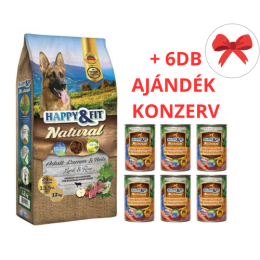 Happy&Fit Natural Adult Lamm&Reis XL 12kg + AJÁNDÉK 6 DB x 400gr-os Happy Fit Kacsa-Sonka-Sütőtök konzerv